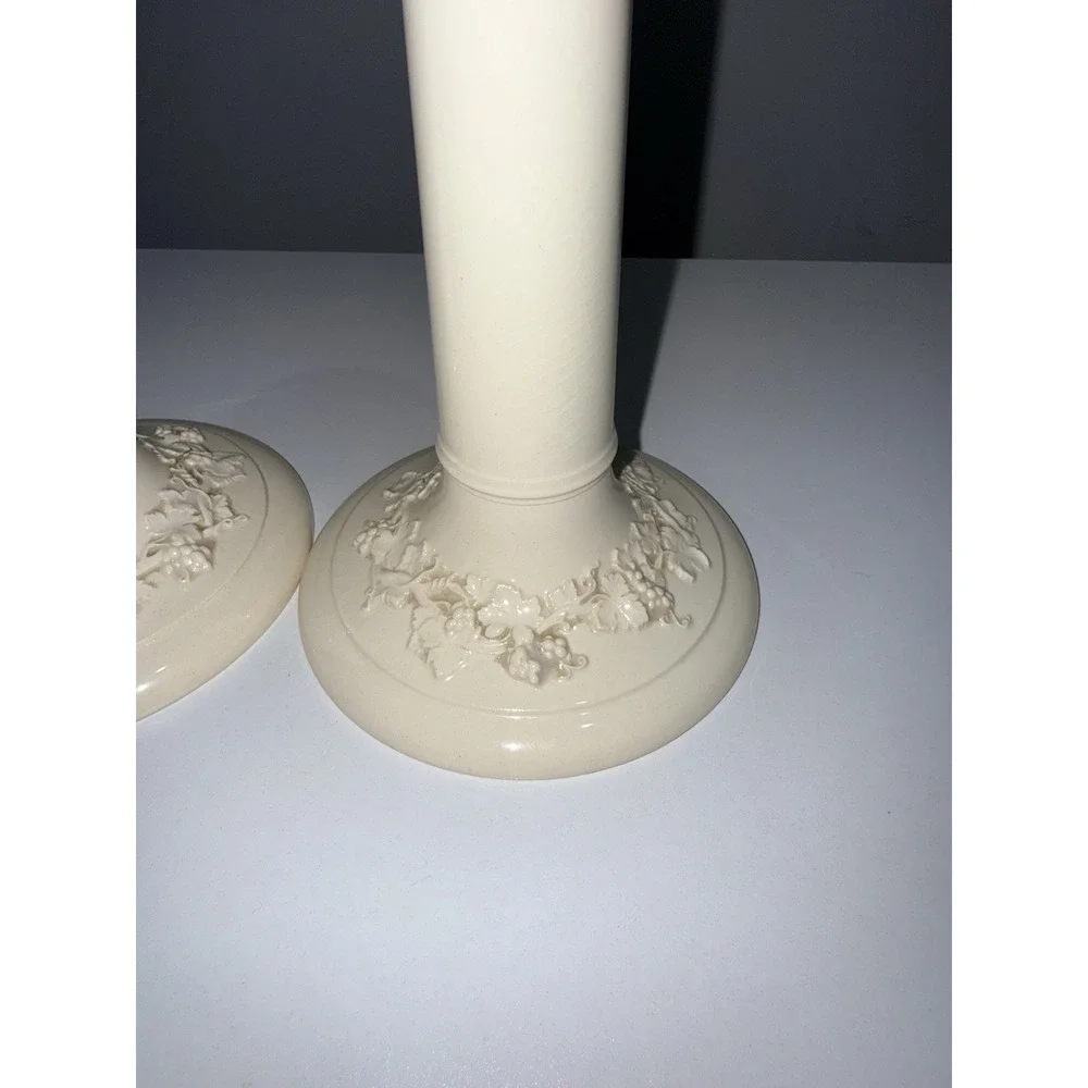 Wedgwood Embossed Queensware PAIR of 8 1/4 in. candlesticks cream‎ on cream